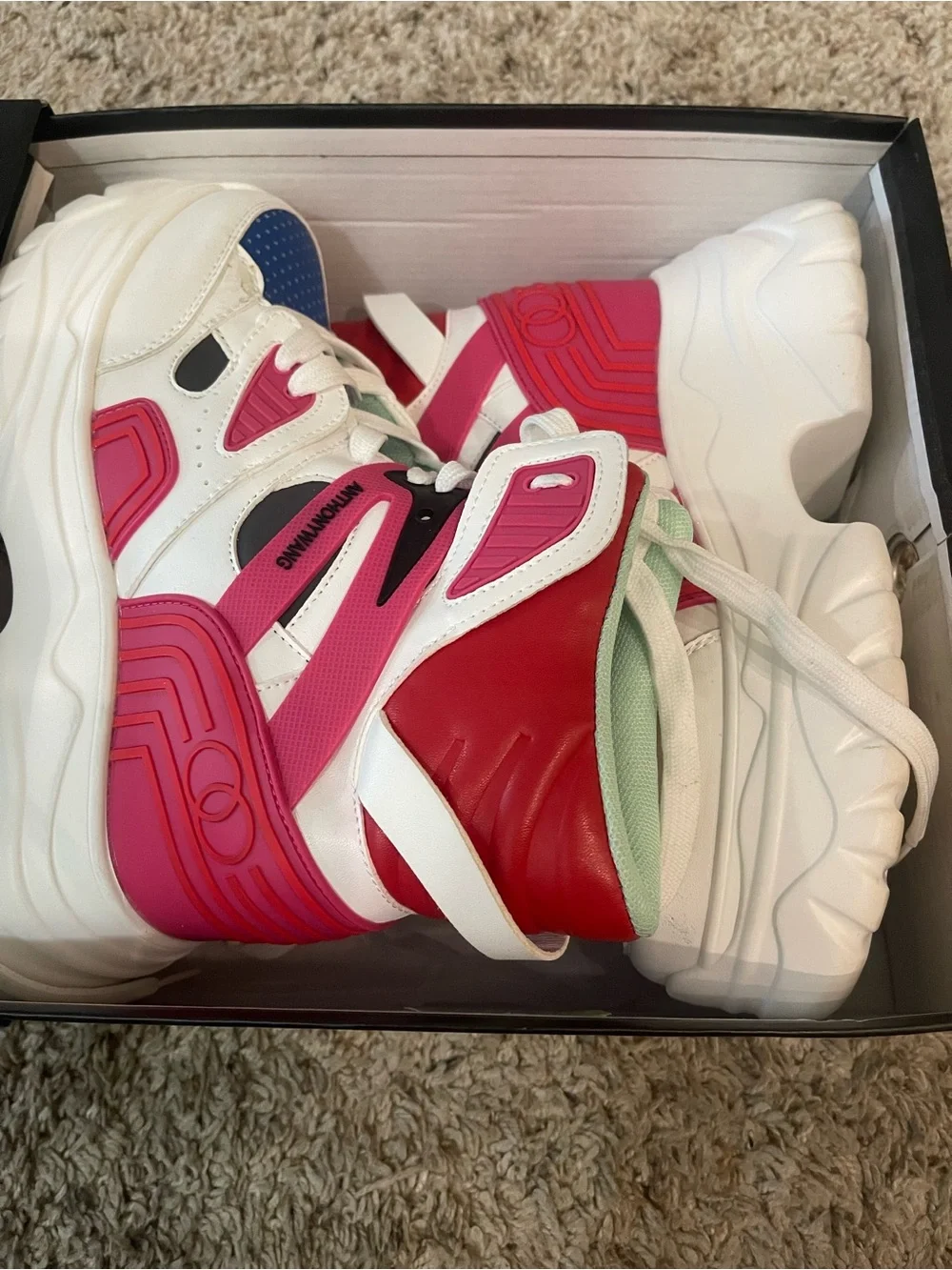 Anthony Wang Chunky Colorblock High-Top Sneakers in White, Blue & Pink. Sz 9.